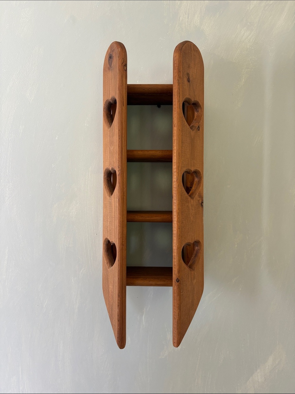Handcrafted Brown Wood Wall Shelf with Heart Cutouts 21” X 7”